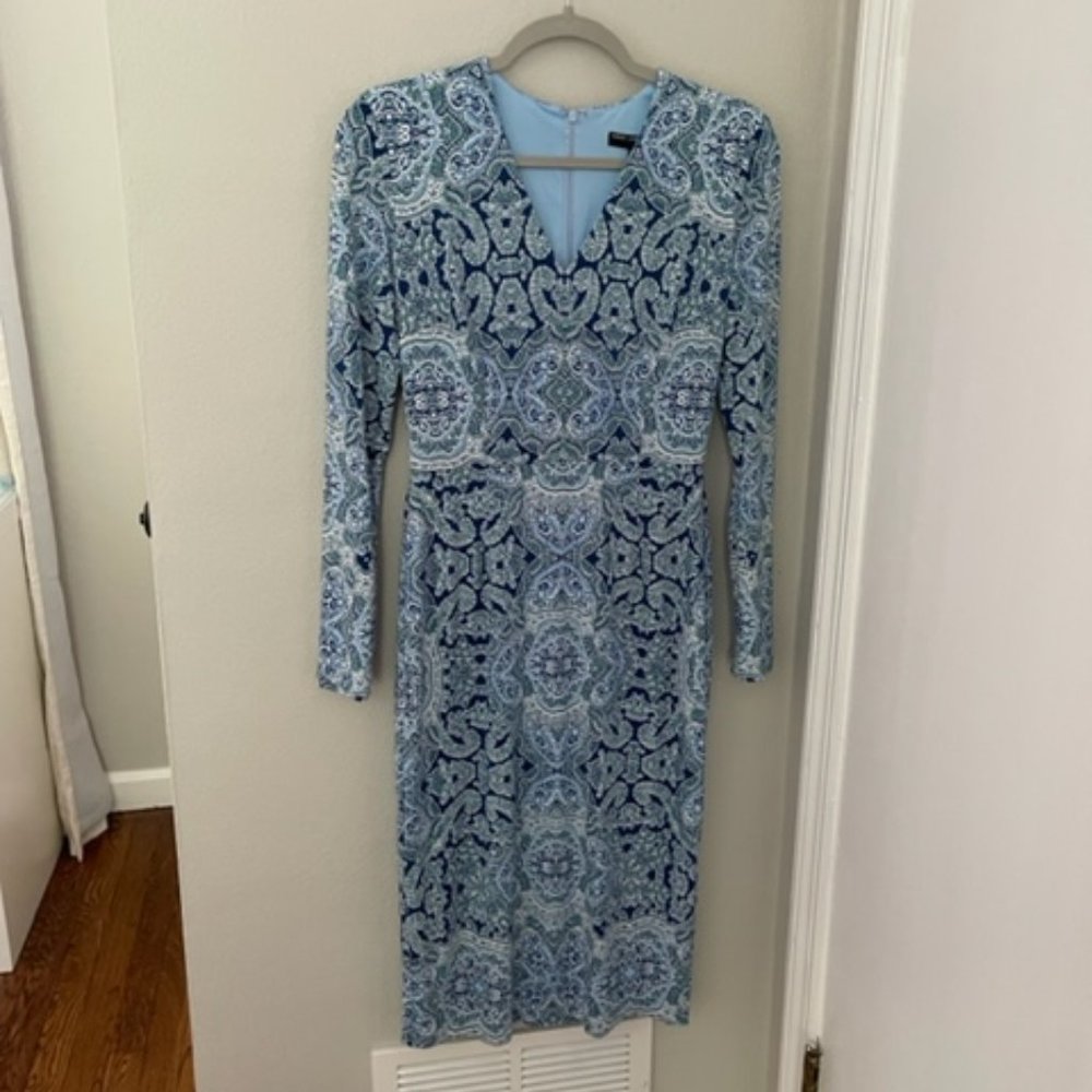 Maggy London Long Sleeve Blue Midi Dress, Size 2